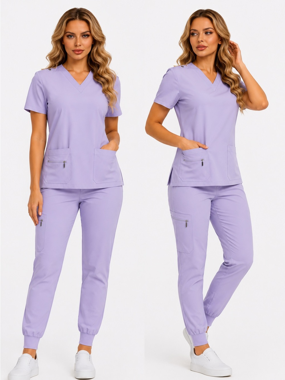Short Sleeve V-Neck Scrub Top & Jogger Set (Lavender)